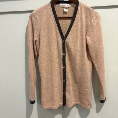 Casual Corner Cardigan Cream Gray Trim Lambswool Angora Blend Button Front Small