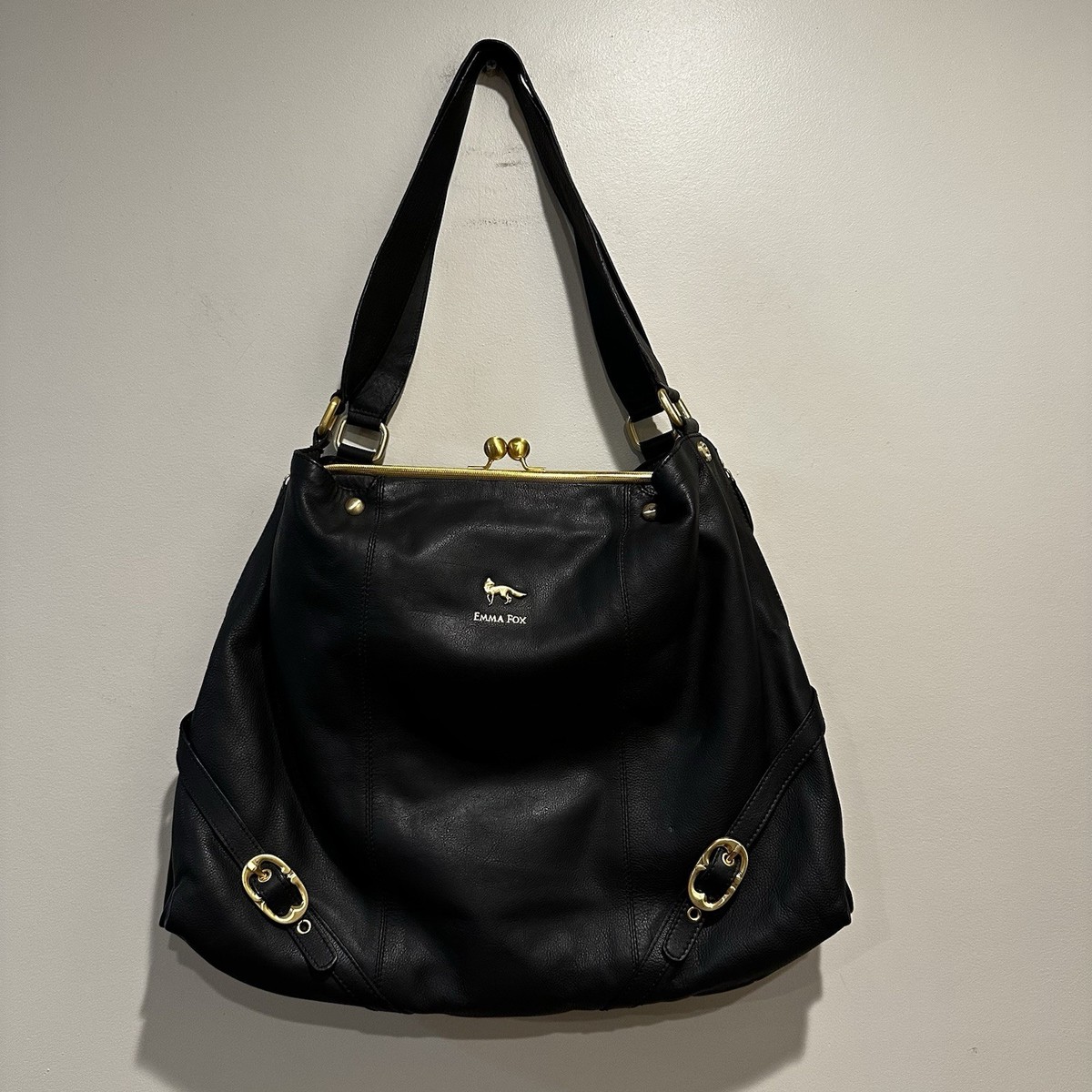 Emma Fox Kiss Lock Black Leather Handbag XL Size Gold Hardware