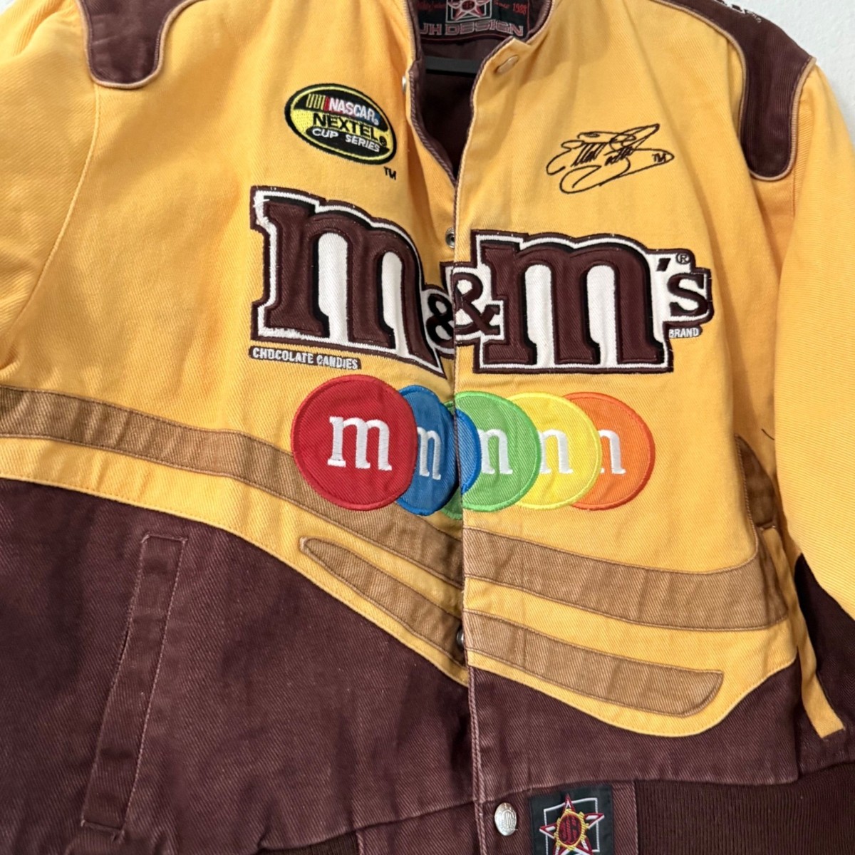 VTG Elliot Sadler 38 M&M Nascar Racing Jacket Yellow Brown JH