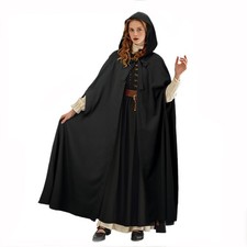 Renaissance Hooded Medieval Cloak Victorian Wizard Witch Standard, Black