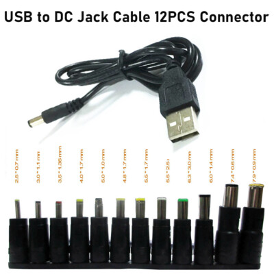 USB to DC 5V Power Cable 5.5 * 2.1mm Jack Charging Cord with 12Pcs Connector Tip
