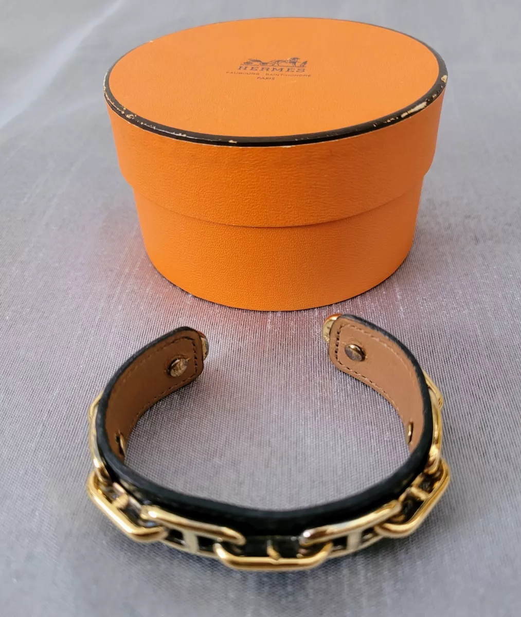 AUTH HERMES RARE VINTAGE ROUGE H GOLD LOGO LEATHER CUFF BRACELET BOX PREOWNED