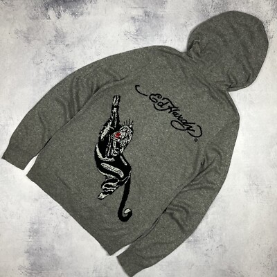 Vintage Ed Hardy Panther Tattoo Y2K Herren Kapuzenpullover Größe Large Grau S...