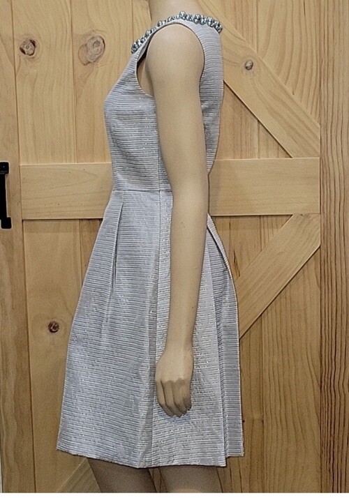 Tahari Light Gray Metallic Sleeveless Pearl Beaded Neck Fit & Flare Dress Sz 12