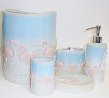 COASTAL COLL. 5 PC SET BLUE+PINK FLAMINGO CERAMIC SOAP DISPENSER+TRASH+TUMBLER+