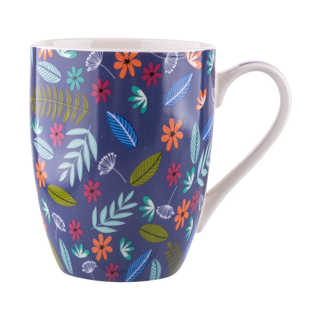 Coffee Tea Mug Porcelain Folk Floral Pattern Navy 300ml