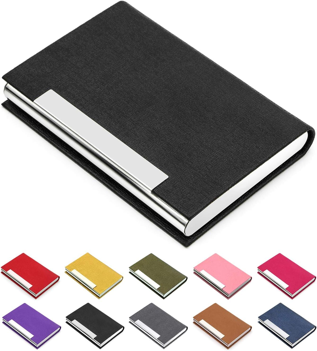 Slim PU Leather Stainless Steel Business Card Holder for Men and Women in Black-image
