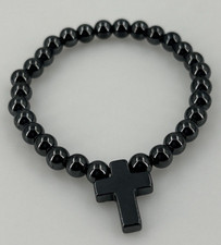 Natural Hematite Stone Bead Shiny Black Cross Stretch Bracelet Christian Jewelry