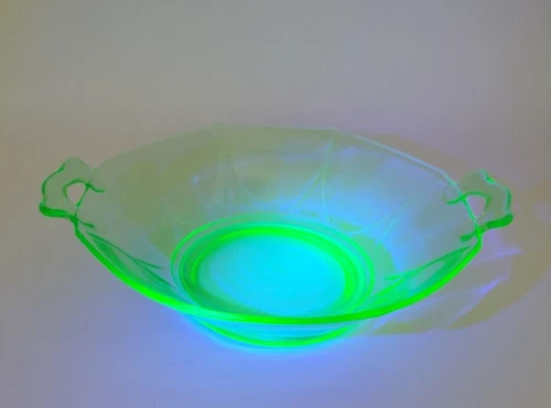 VTG Uranium Green Depression Glass Bowl Octagon Serving Bowl with Handles 11"
