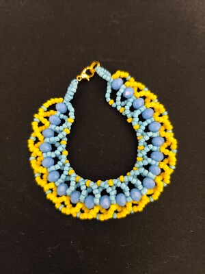 Armband aus Glasperlen in Farbe Blau/Gelb mit Karabinerverschluss