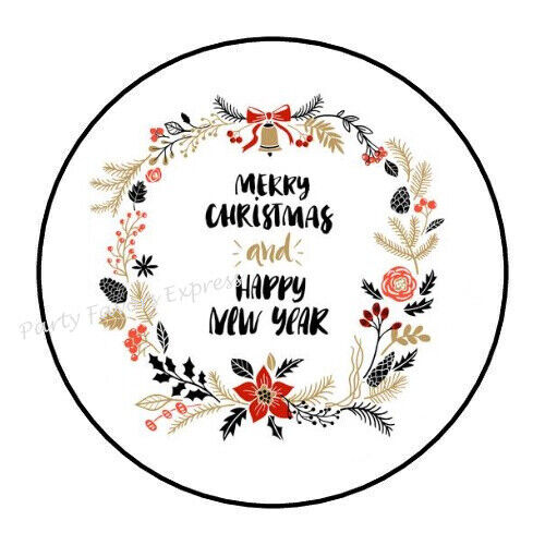 48 MERRY CHRISTMAS AND HAPPY NEW YEAR ENVELOPE SEALS LABELS STICKERS 1.2" ROUND 