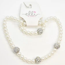 New Elli by Capelli Child's Rhinestone Ball Faux Pearl Necklace/Stretch Bracelet