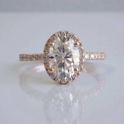 3.10 CT Oval Cut Lab Create Moissanite Rose Gold Plated Halo Engagement Ring 
