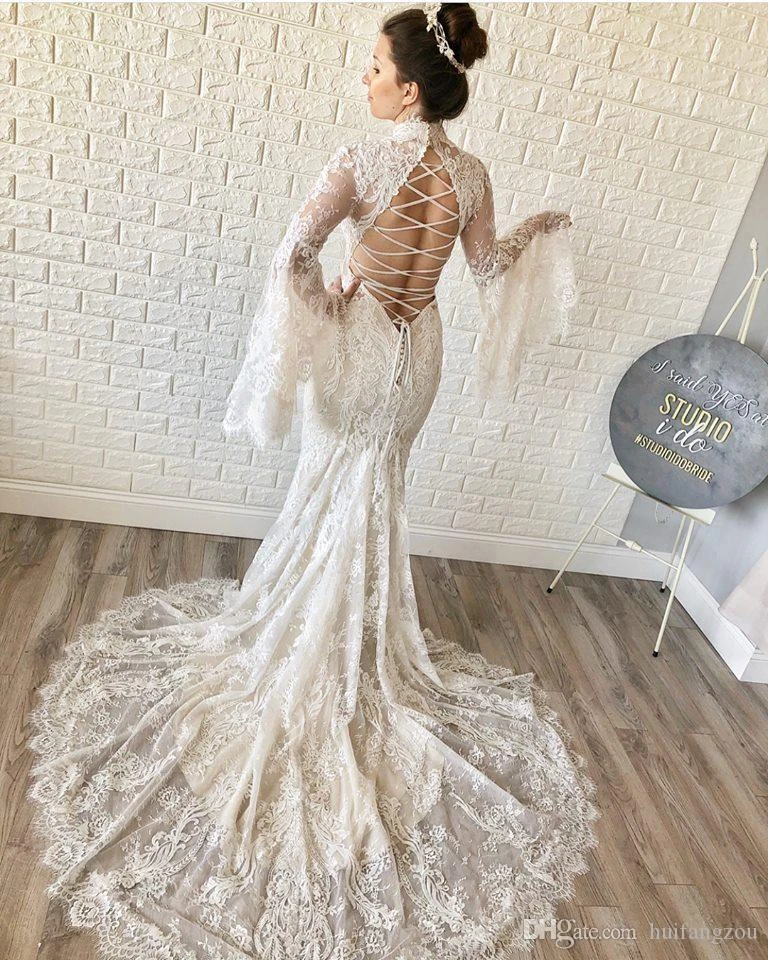 Sexy Vestidos de Novia Sirena Mangas Largas Dividido Cuello Alto Encaje Espalda Vestidos de Novia Foto 4 de 4