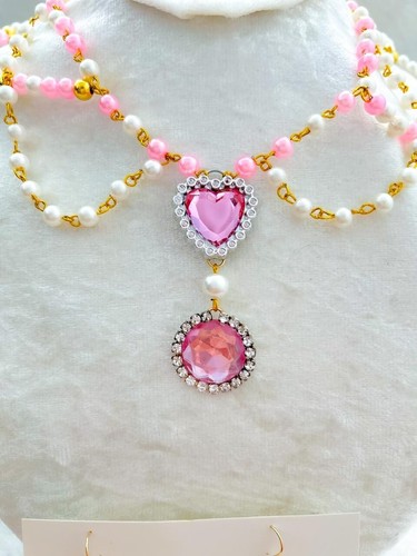 Handmade Pink Heart Choker Necklace & Earrings Set | Pearl Beaded Kawai Jewelry - Picture 2 of 7