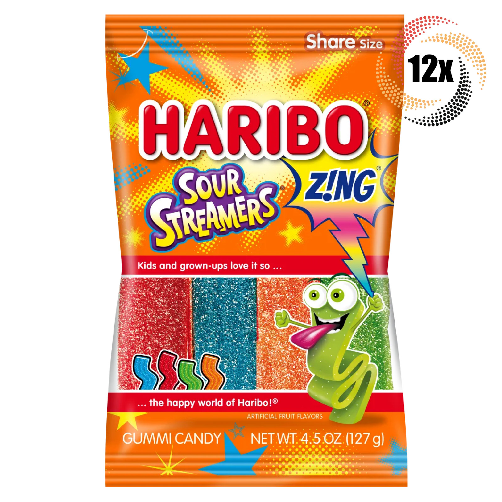 12x Bags Haribo Sour Streamers ZNG Flavor Fat Free Share Size Gummi Candy 5oz 7490₽