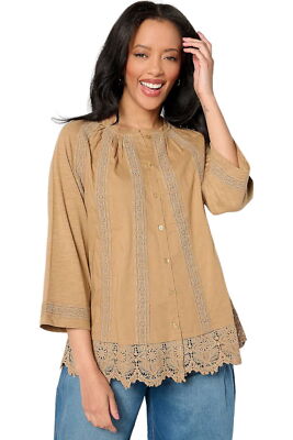 LOGO Lavish by Lori Goldstein Woven Button Front Top w/Lace Trim Latte