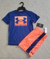 New Under Armour Boys Outfit 2 Piece Shorts Set Royal Blue/Orange,Size 4