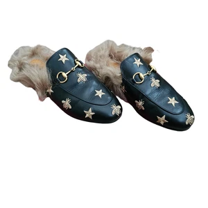 Gucci Princetown Horsebit Bee Mule fourrure plate doublée taille 36 US 6 cuir noir