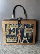 Vintage 1960  s Travel Themed Wood Box Purse W/ Sequins 11  L x 8 1/2  W
