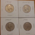 US 90% Silver Washington Quarters 1944, 1944-D, 1945, 1946,  Lot of 4 Coins
