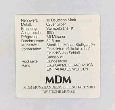 MDM Zertifikat - 10 DM Gedenkmünze  1000 Jahre Potsdam'', silber, 1993