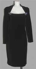 VTG Susan by Night Rhinestone Bow Brooches Square Neck Black Knit Dress Wm's S
