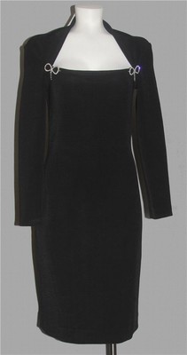 VTG Susan by Night Rhinestone Bow Brooches Square Neck Black Knit Dress Wm's S