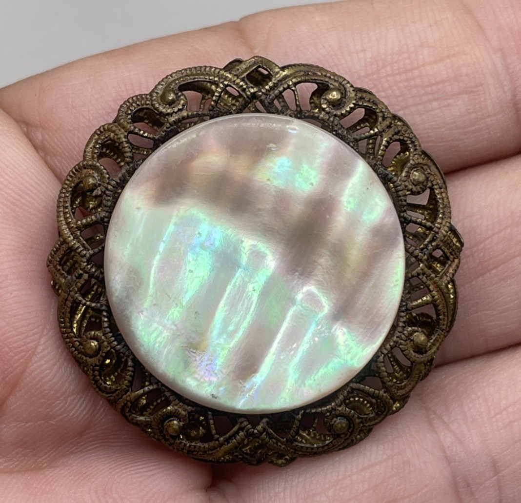 Mother Of Pearl Brooch Signed West Germany Filigree Round View 6