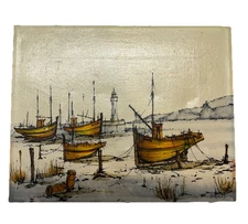 Vintage Harbor Boats Sailboats Lighthouse Costal Oil Painting  Unframed 8x10”