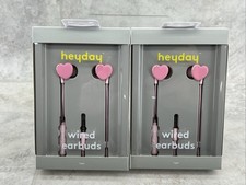 2 Pair Heyday Wired Earbuds Pink Hearts 3.5mm Aux Plug Built in Microphone- New