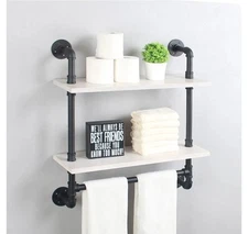 ¾" Iron Pipe Shelves 29"  2 Tier Industrial Bathroom 24"  Towel Bar Black White