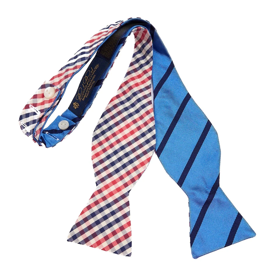 Pajarita reversible Brooks Brothers azul a rayas seda rojo guinga algodón cuadros EE. UU. Foto 4 de 4