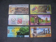 B470 Fantasy Banknotes x 6: Easter, Pascua, Galapagos, Borneo, Kamberra etc.
