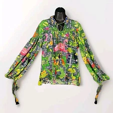 Anthropologie La Fuori Top Blouse Women Small Green Tropical Birds Silk