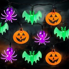 2Pack 20 LED Pumpkin Bat Spider String Lights with Timer - Total 13Ft Orange Pur