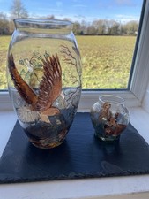 2 x Hand Painted Glass Vase Eagle & Rabbit Woodland Art Large & Small 9” & 3.5”