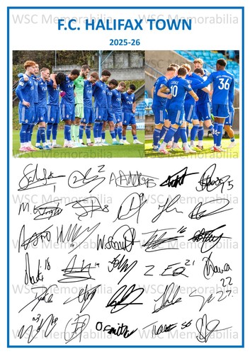 12021. 2025-26 FC Halifax Town Signed Team Photo Sheet (PRINTED AUTOGRAPH - A4)