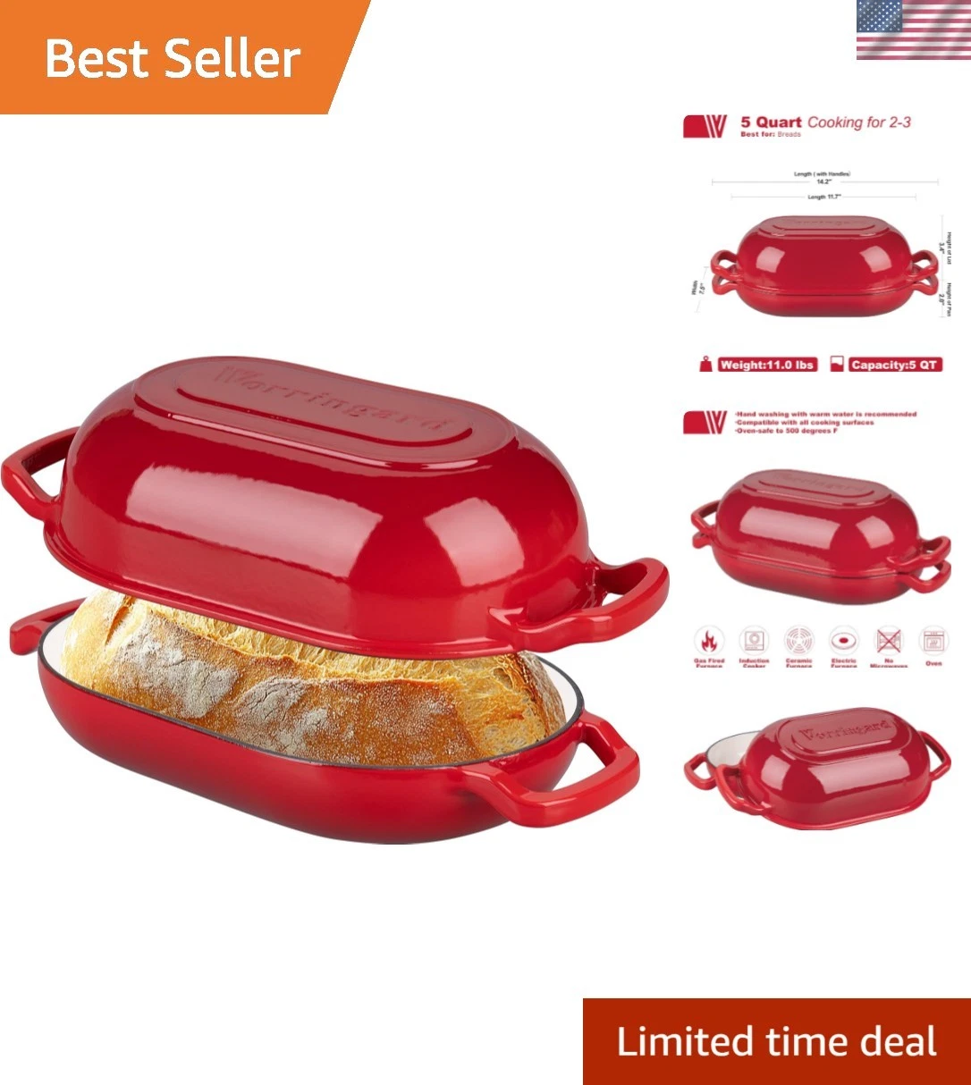 Red Enameled Cast Iron Dutch Oven - 5QT Baking Pan with Lid for Perfect Bread