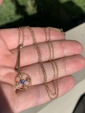 9Ct Gold Sapphire Seed Pearl Pendant Necklace, Natural Victorian 9k 375