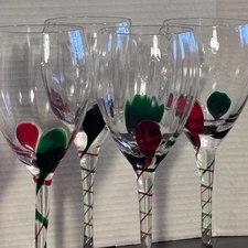 Pier 1 Holiday Wine Glasses Set-4 Red & Green Swirl Candy Cane 9” Tall Festive