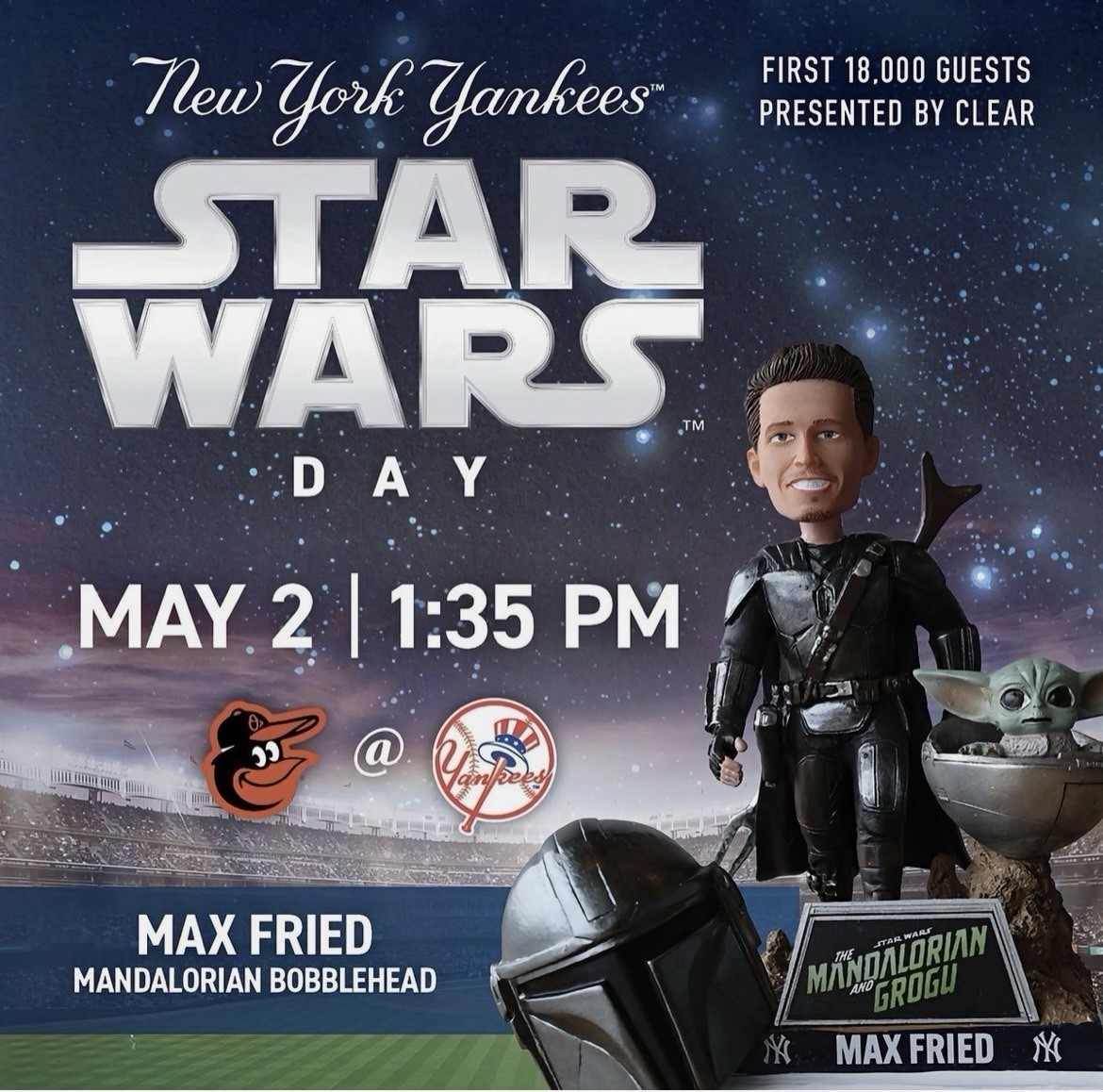 New York Yankees Max Fried Mandalorian Grogu Star Wars Bobblehead