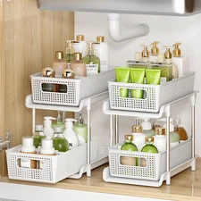 Bathroom Organizer with Dividers, 2Pcs 2 Tier Stackable under Sink Organizers an