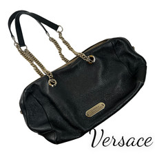 Versace Collection | Black Pebbled Leather Chain Link Handled Purse Satchel