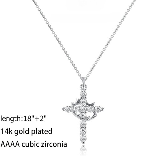 14k Gold Cross Necklace for Women,Cubic Zirconia Crown Cross Pendant Necklaces - Picture 18 of 18