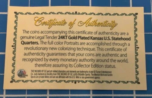 Wizard of Oz 70th Anniversary 24kt Gold Plated Portrait Kansas Quarters 42218 - Picture 3 of 6