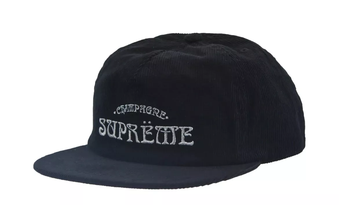 Casquette snapback noire réglable avec logo champagne suprême velours côtelé 5 panneaux