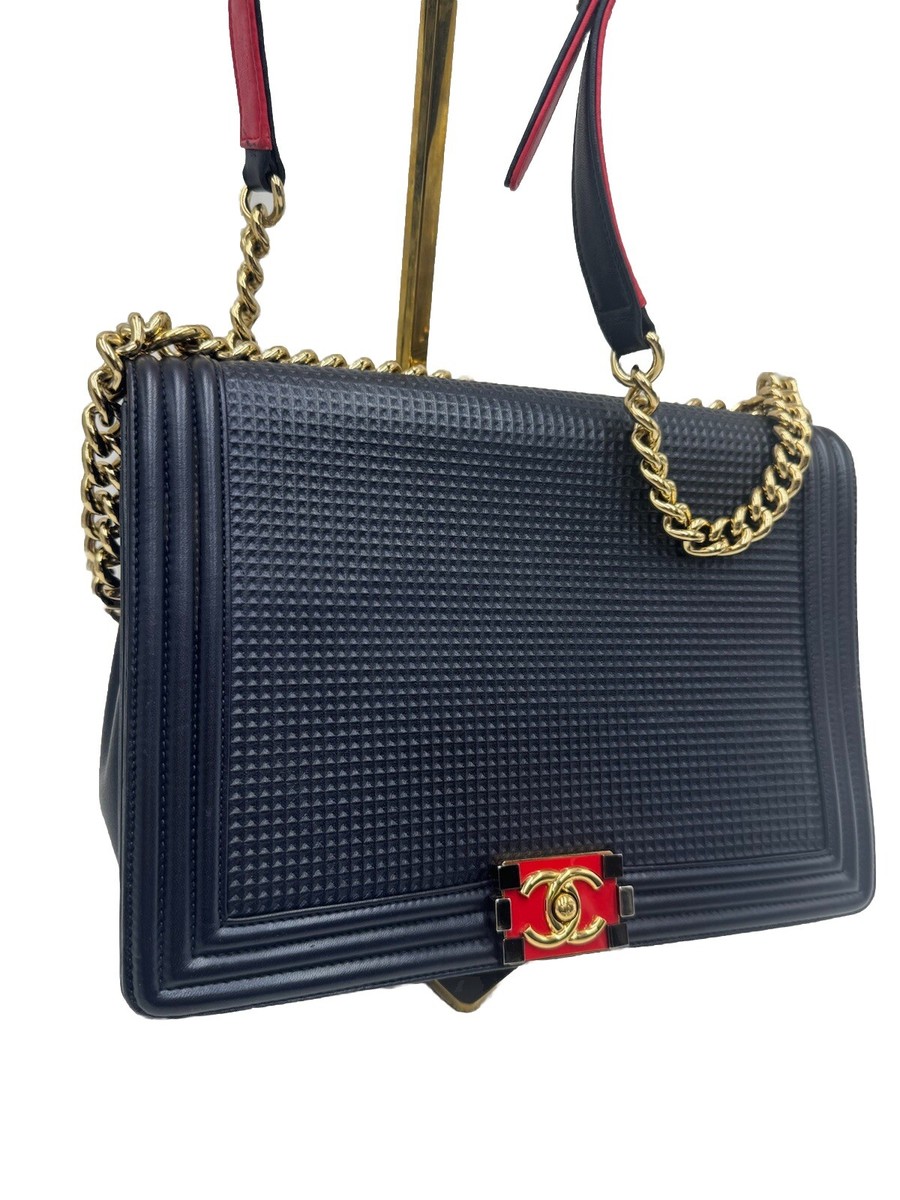 Authentic Chanel Navy Blue Limited Edition Boy Flap Large New Cube