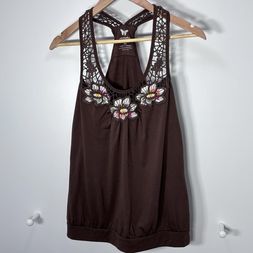 Y2K VTG Energie Women Racer Back Tank Brown crochet Embroidery Floral SIZE XL