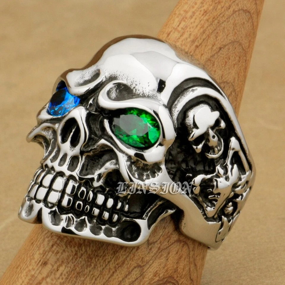 Синий зеленый CZ глаза 316L из нержавеющей стали Titan череп мужской мальчиков мотоциклиста кольцо 3A501D - Изображение 3 из 4